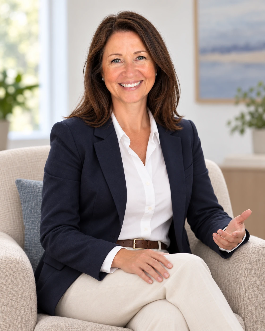 Susan Liddy seated in an armchair, smiling with an open hand gesture